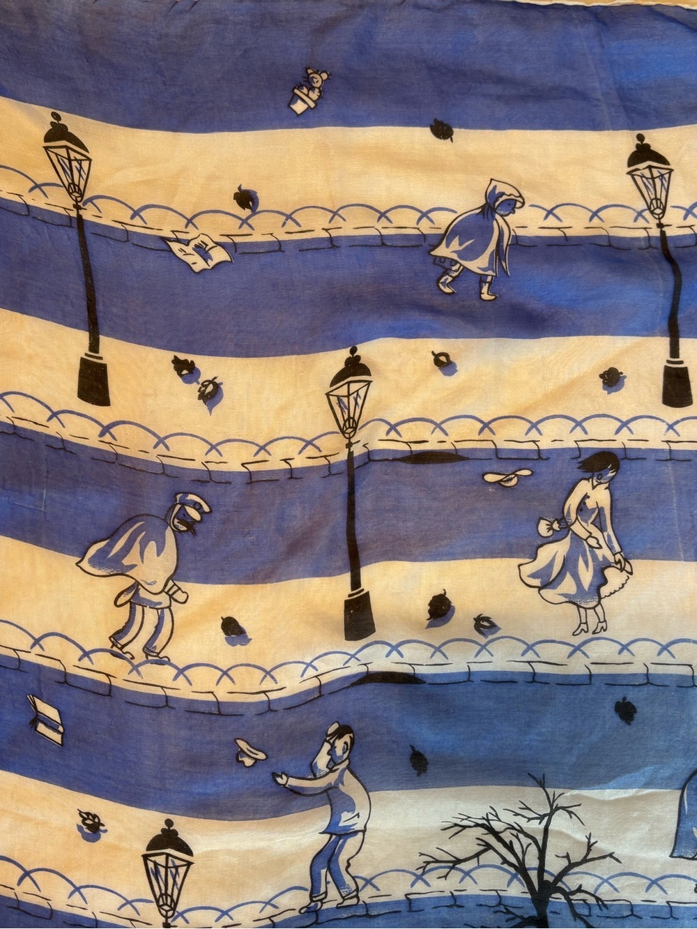 Vintage Silk Scarf Amazing Novelty Print People Fighting The Wind 32 X 33”